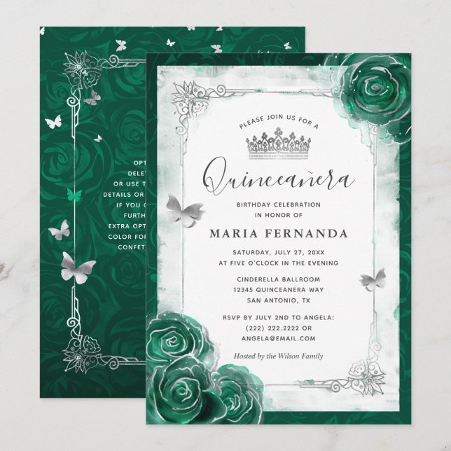 Elegante Rose Silver Green Quinceanera Einladung (Vorne/Hinten)