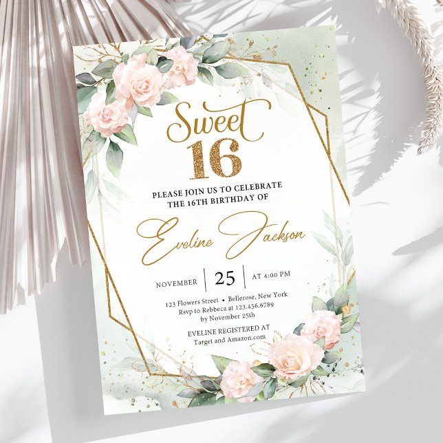 Elegante Rose und Eukalyptusgold-Glitzer Einladung (Soft pastel pink roses greenery and gold frame sweet sixteen invitation template )
