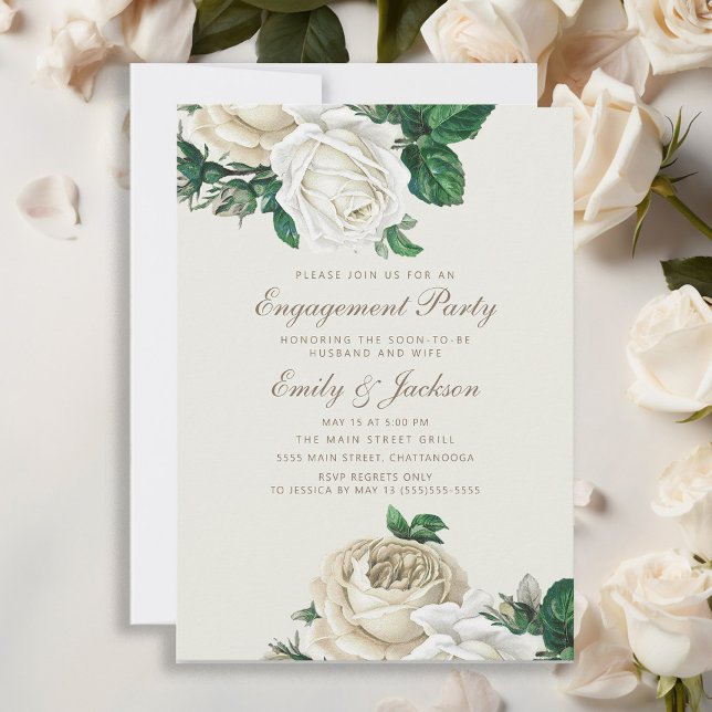 Elegante Rose Verlobung Weißes Blütencreme Einladung (Elegant vintage roses and greenery engagement party invitation)