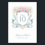 Elegante Rose Wappen Tischnummer<br><div class="desc">Das elegante Aquarellmonogramm-Wappen verleiht dieser Tischnummer einen schönen und zeitlosen Look. Die Oberseite des Wappen hat wasserfarbene Rose, der Boden ist mit einem blauen Band geschmückt. Personalisieren Sie diese Tischnummer mit Ihren Initialen im Wappen oben. Die Farben sind hellblau, aquamarin, Rose rot und grau. Wenn Sie Fragen haben oder Hilfe...</div>