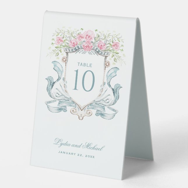 Elegante Rose Wappen Tischnummer Tischaufsteller (Vorderseite)