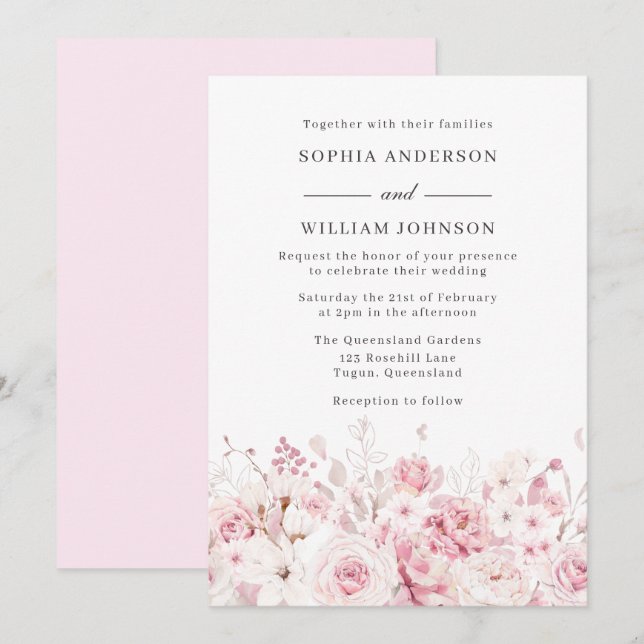 Elegante Rose Wasserfarbe Schöne Hochzeit Einladung (Vorne/Hinten)