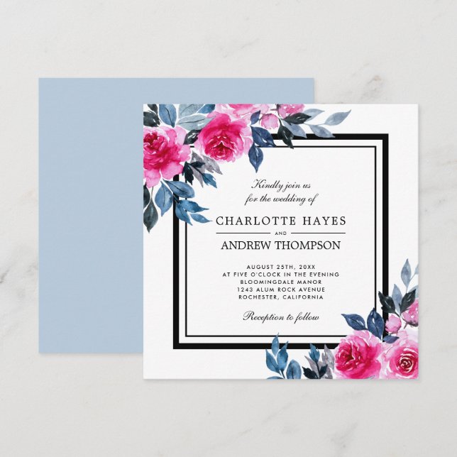 Elegante Rose Wasserfarben Hochzeit auf dem Blumen Einladung (Vorne/Hinten)