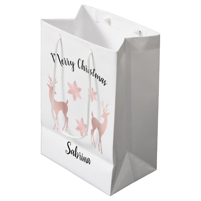 Elegante Rose Weihnachtsschneeflocken Mittlere Geschenktüte (Vorderseite Schrägansicht)