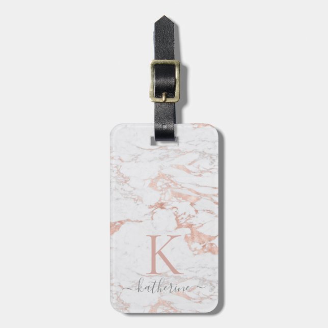 Elegante Rose | Weißer Marmor | Monogramm Gepäckanhänger (Vorderseite vertikal)