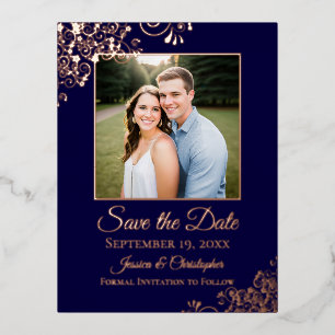 Elegante Roségold auf Navy Foto Save-the-Date Folie Einladungspostkarte