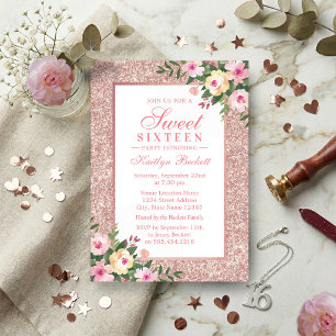 Elegante Roségold-Glitter-Blumen-Sweet-16-Geburtst Einladung