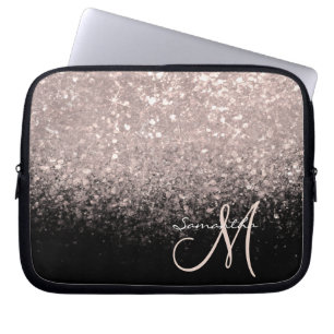 Elegante Roségold-Glitter und schwarze Monogrammie Laptopschutzhülle