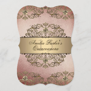 Elegante Roségold-Vintage-Damask-Quinceanera Einladung