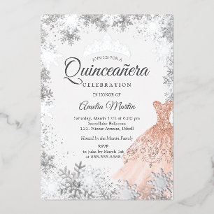 Elegante Roségold-Winter-Schneeflocken-Quinceanera Folieneinladung