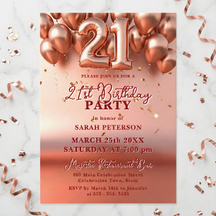 Elegante roségoldene Folien-Luftballons zum 21. Ge Einladung