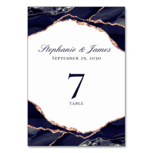 Elegante Roségoldfolie Navyblaue Achat Hochzeit Tischnummer
