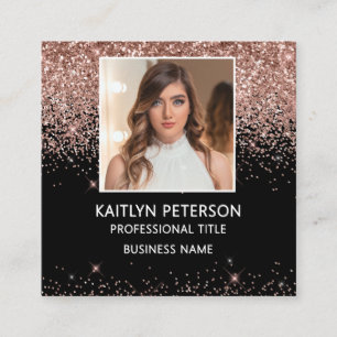 Elegante Rosen-Gold-Glitter-Foto-QR-Code-Schwarz Quadratische Visitenkarte