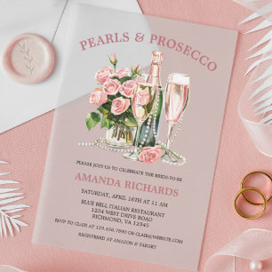 Elegante Rosen-, Perlen- und Prosecco-Brautjungges Acryleinladungen