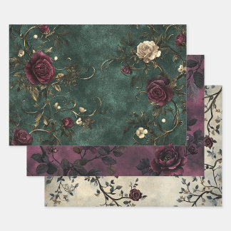 Elegante Rosen. Tiefgrün, tiefrot, creme. Geschenkpapier Set