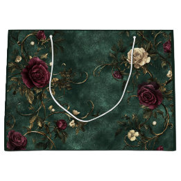 Elegante Rosen. Tiefgrüner Hintergrund.  Große Geschenktüte