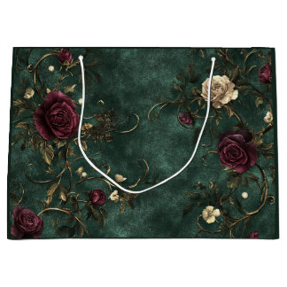 Elegante Rosen. Tiefgrüner Hintergrund.  Große Geschenktüte
