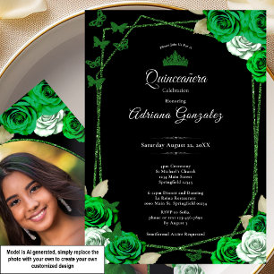 Elegante Rosen und Krone Grüne Quinceanera Einladung