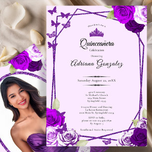 Elegante Rosen und Krone Lila Quinceanera Einladung