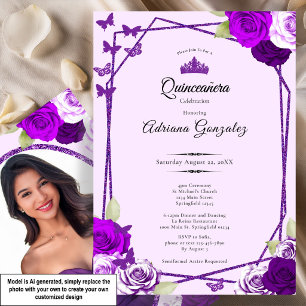 Elegante Rosen und Krone Lila Quinceanera Einladung