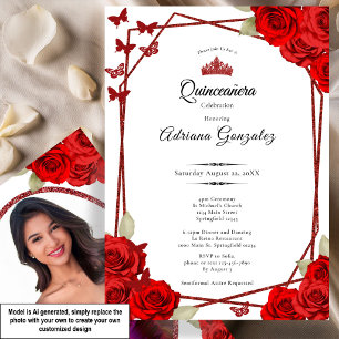 Elegante Rosen und Krone Rote Quinceanera Einladung