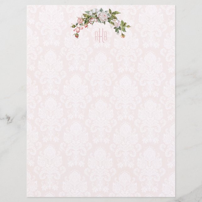 Elegante Rosen, Vintage Damaske und Monogramm (Vorderseite)