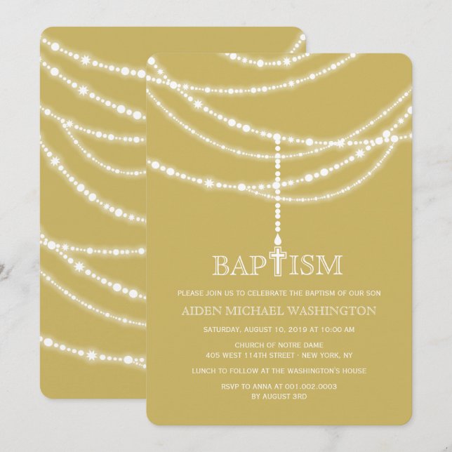 Elegante Rosenbeet-Kreuz-Glitzern-Taufe religiös Einladung (Vorne/Hinten)