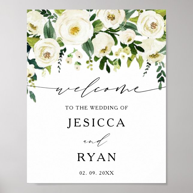 Elégante Roses blanches Verdure Mariage Affiche de (Devant)