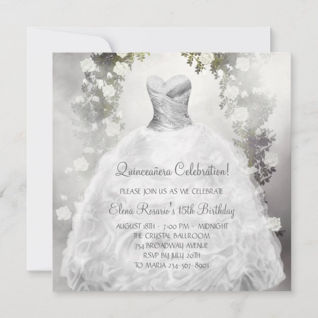 Elegante Roses White Quinceanera Einladungen (Vorderseite)