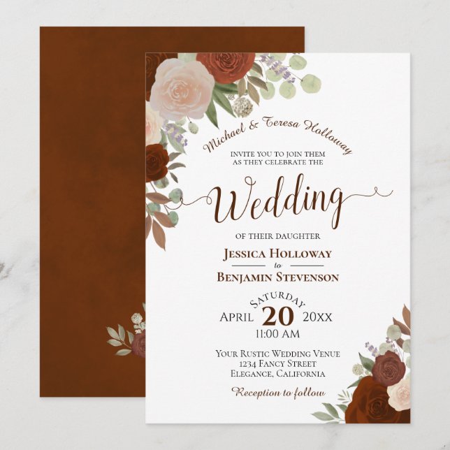 Elegante Rost Orange Hochzeit mit floralen Farben Einladung (Vorne/Hinten)