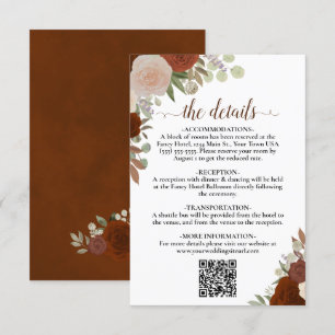 Elegante Rost Orange Rose Hochzeitdetails QR-Code Begleitkarte