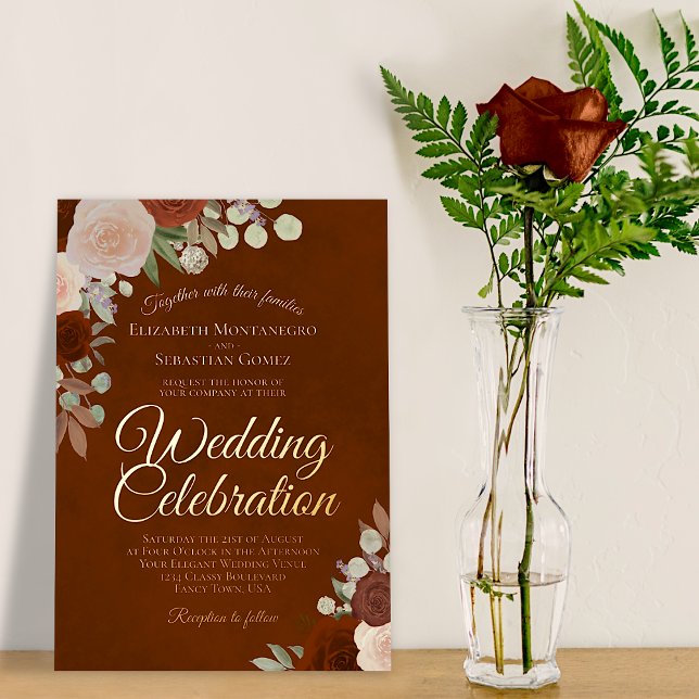 Elegante Rostflora mit Rose Gold Text Hochzeit Folieneinladung (Von Creator hochgeladen)