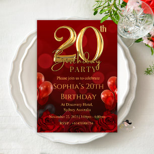 ELEGANTE ROT 20. GEBURTSTAG EINLADUNGSKARTEN MÄDCH