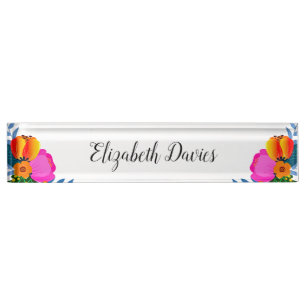 Elegante Rot-Gelb-Rosa Fuchsia-Blume Namensplakette
