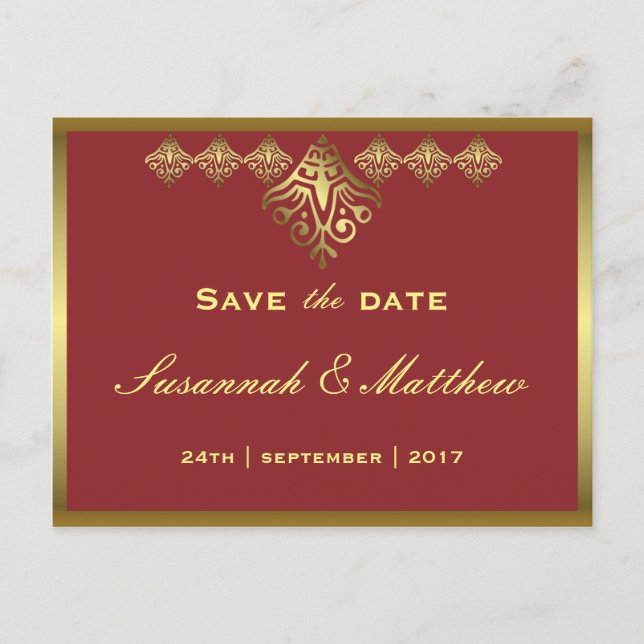 Elegante Rot-Gold-Hochzeit Ankündigungspostkarte (Vorderseite)
