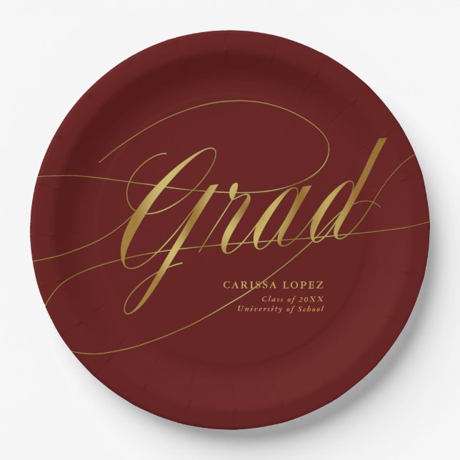 Elegante Rot-Gold-Minimalistische Grad-Kalligraphi Pappteller (Vorderseite)