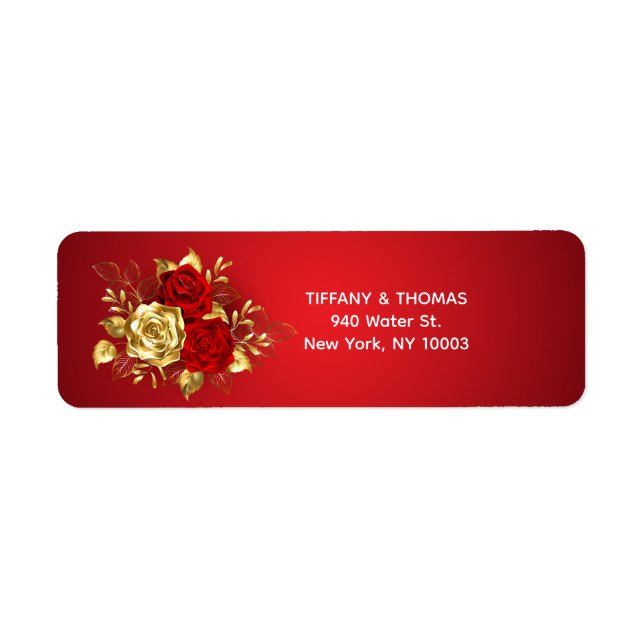 Elegante Rot-Gold-Thema Hochzeit-Rücksendeadresse (Vorne)