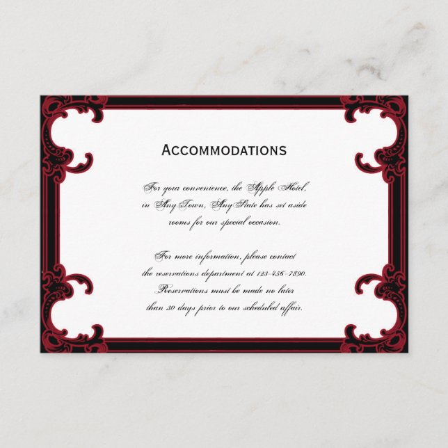 Elegante Rot-Gotische Rahmen Hochzeitsunterkünfte Begleitkarte (Vorderseite)