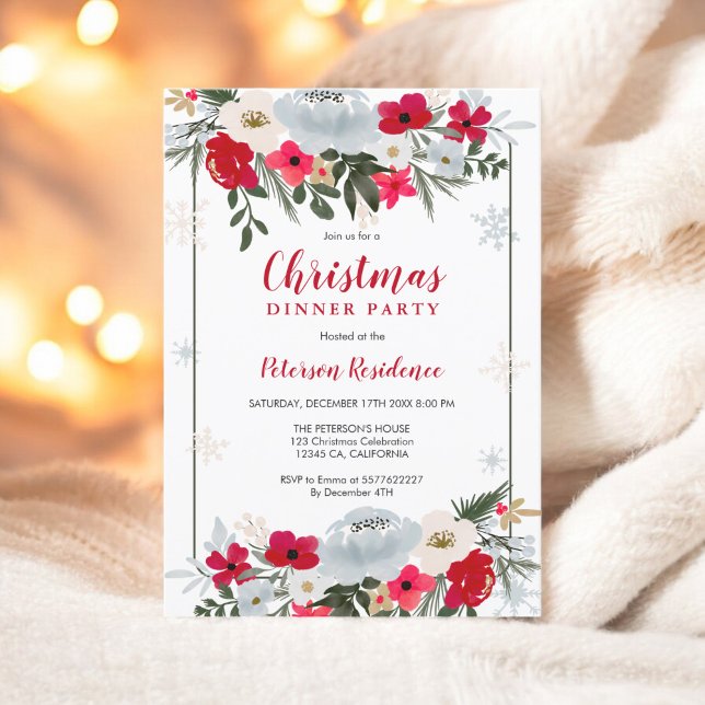Elegante Rot Grüne Blütenschneeflocke Weihnachten Einladung (Elegant Red Green floral snowflake Christmas Invitation)