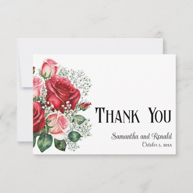 Elegante Rot-Rosa-Rosen-Hochzeit Dankeschön-Karte Einladung (Vorderseite)