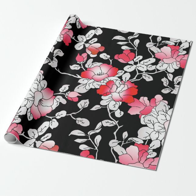 Elegante Rot-Schwarz-Blütendekoupage Geschenkpapier (Ungerollt)