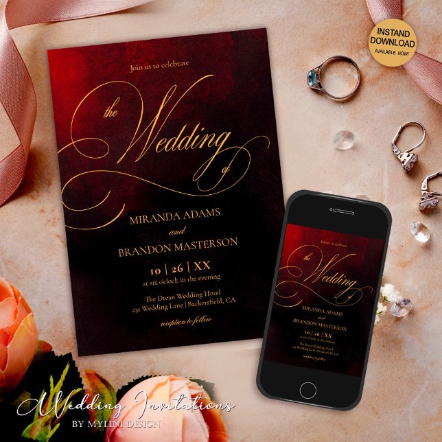 Elegante Rot-Schwarz-Gold-Kalligrafie-Hochzeit Einladung (Von Creator hochgeladen)