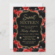Elegante Rot-Schwarz-Rose mit Goldrahmen Sweet 16