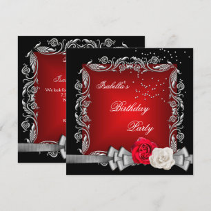 Elegante Rot Schwarz Silber Rose Geburtstagsfeier Einladung