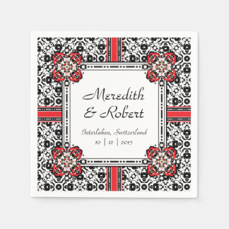 Elegante Rot-, Schwarz-, Weiß-Damast-Hochzeit Serviette