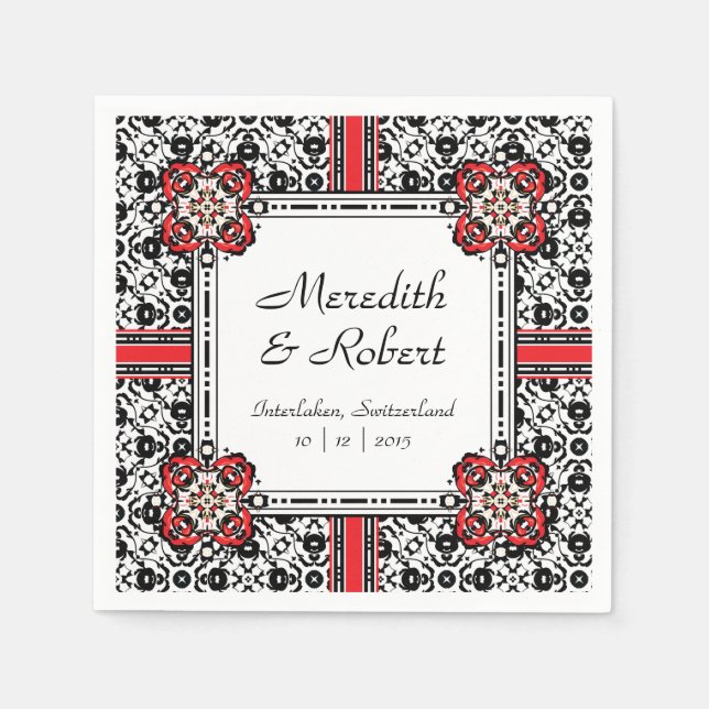 Elegante Rot-, Schwarz-, Weiß-Damast-Hochzeit Serviette (Vorderseite)