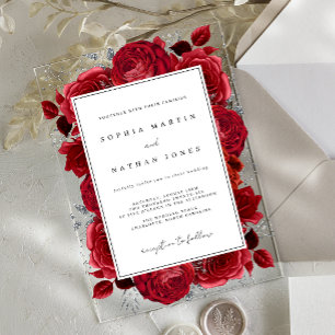 Elegante Rot-Silber-Rose klare Hochzeit Acryleinladungen