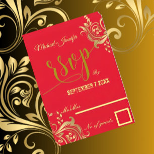 Elegante Rot und Gold maßgeschneiderte Hochzeit RSVP Karte