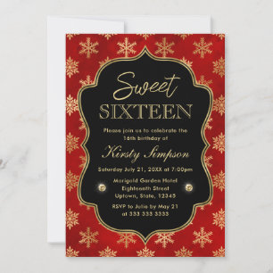 Elegante Rot und Gold Winterschneeflocken Süß 16 Einladung