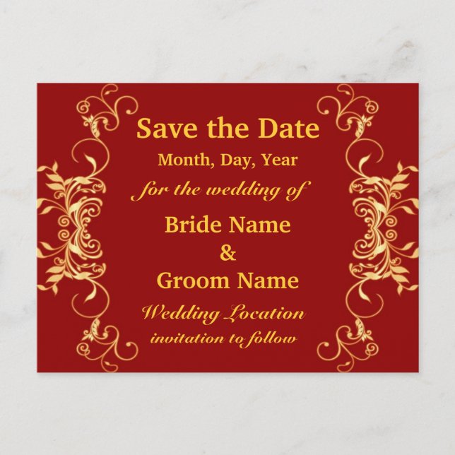 Elegante Rot- und Gold-Wirbel Save the Date Ankündigungspostkarte (Vorderseite)